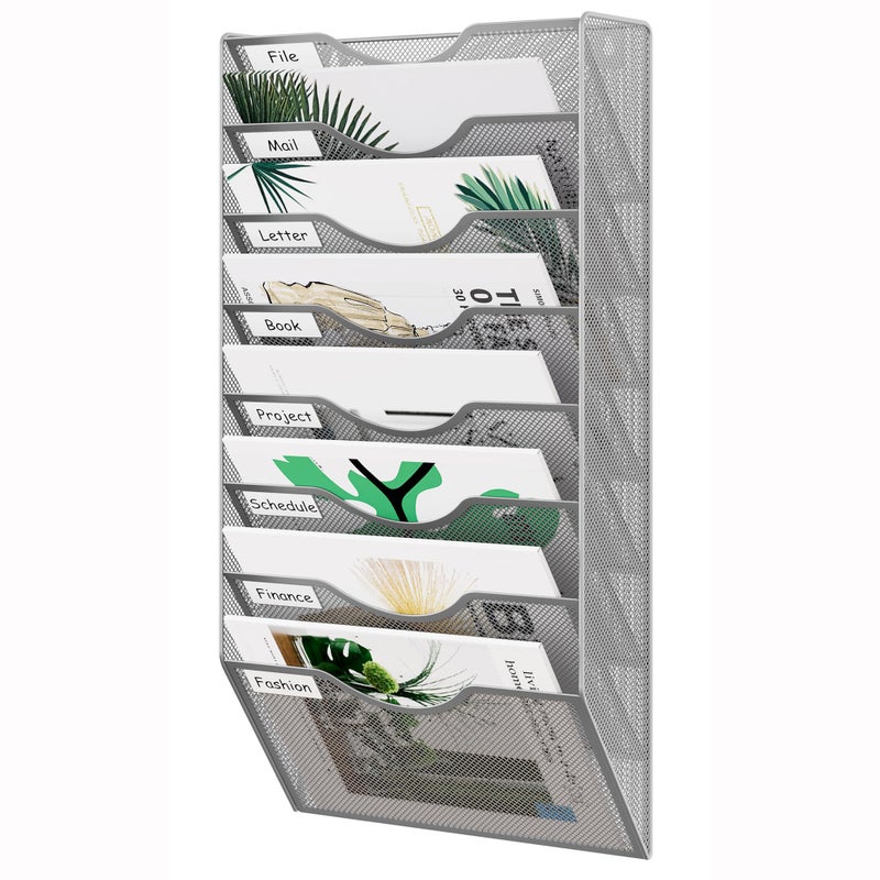 EasyPAG 8 Pocket Mesh Wall File Organizer, Hanging Paper Folder Holder with Classify Label, Vertical Wall Mount Mail Organizer for Office Home Classroom, Silver - Image 1
